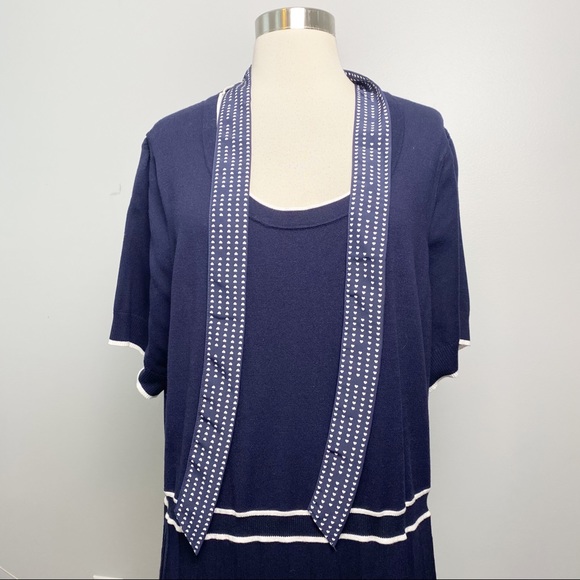 NWT Draper James Dots Bowtie Neck Navy Blue Pleated Sweater Knit Dress Womens 3X - Picture 7 of 14